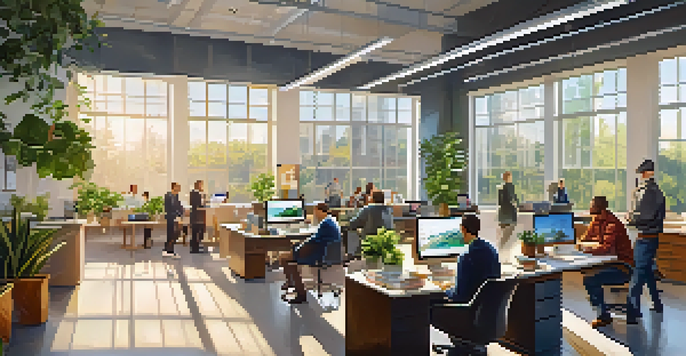 A bright and modern office with employees working together at a large table, surrounded by plants and artwork.