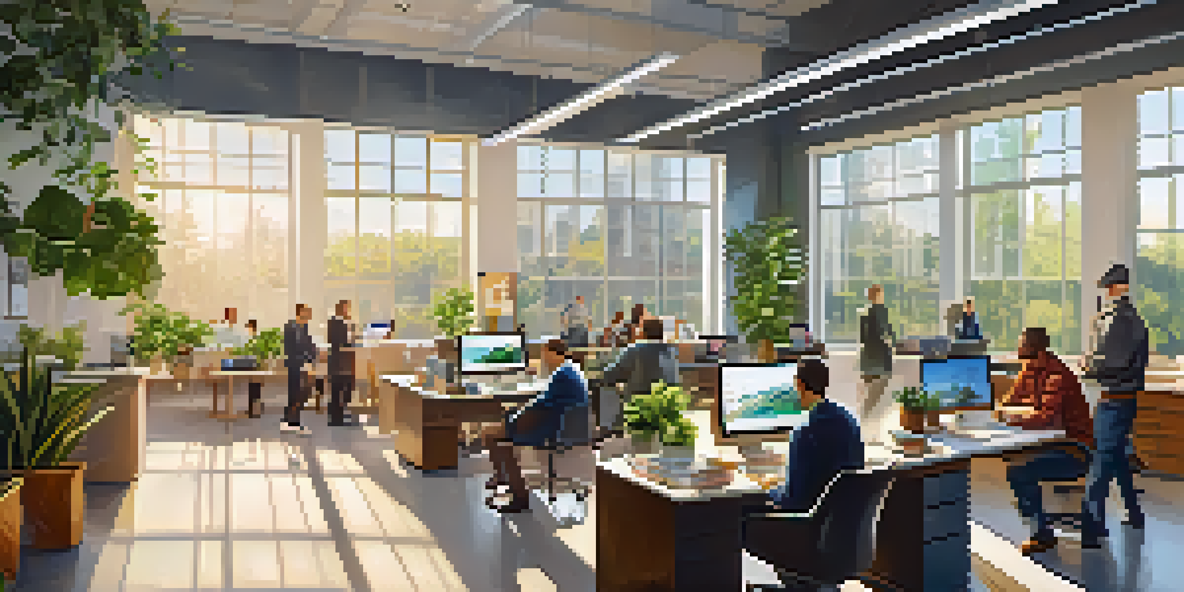 A bright and modern office with employees working together at a large table, surrounded by plants and artwork.