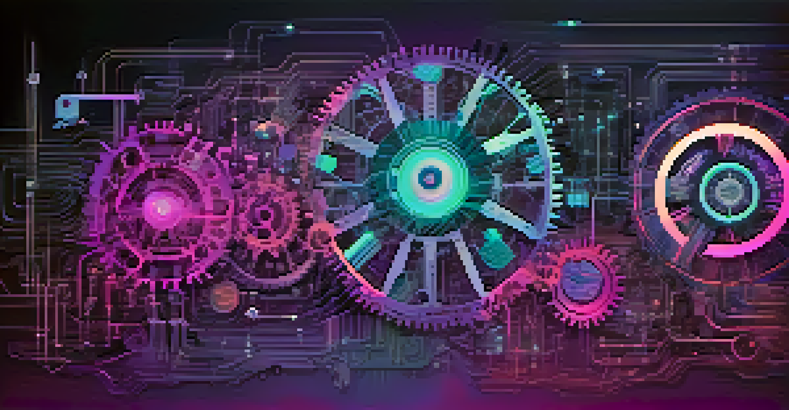 An abstract illustration of digital transformation with gears and circuits blending with human shapes.