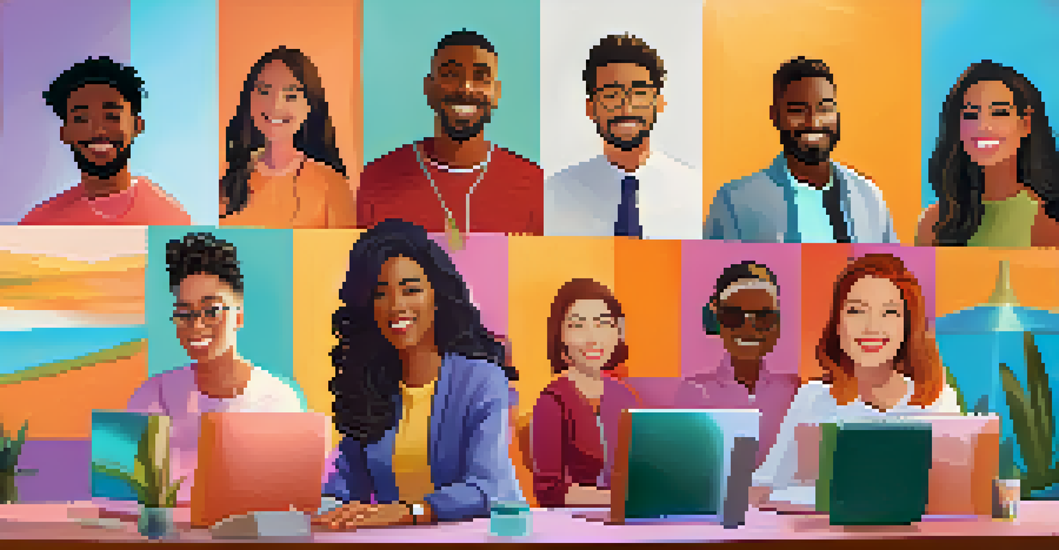 A video call with diverse participants engaged in a webinar, with a presenter sharing insights on a large screen, all in a warm, inviting atmosphere.