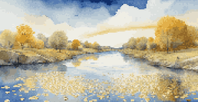 A peaceful landscape showing a river of data streams with golden nuggets along the banks, symbolizing valuable insights.
