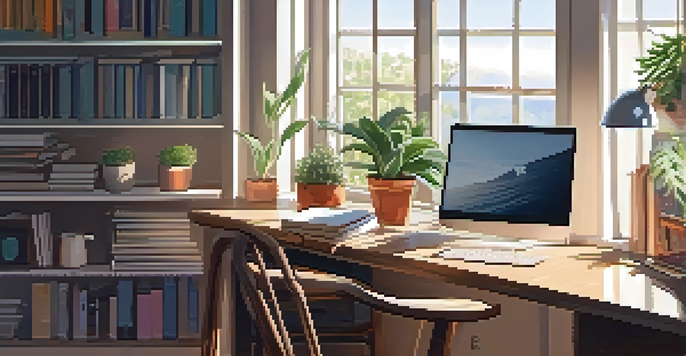 A bright and tidy modern workspace with a laptop, coffee cup, and notebook on a desk, illuminated by sunlight through a window, surrounded by plants and bookshelves.