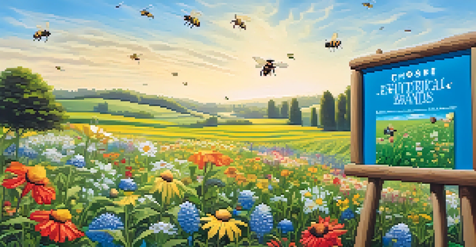 A vibrant green field with wildflowers and a wooden sign promoting ethical brands, with bees and butterflies around.