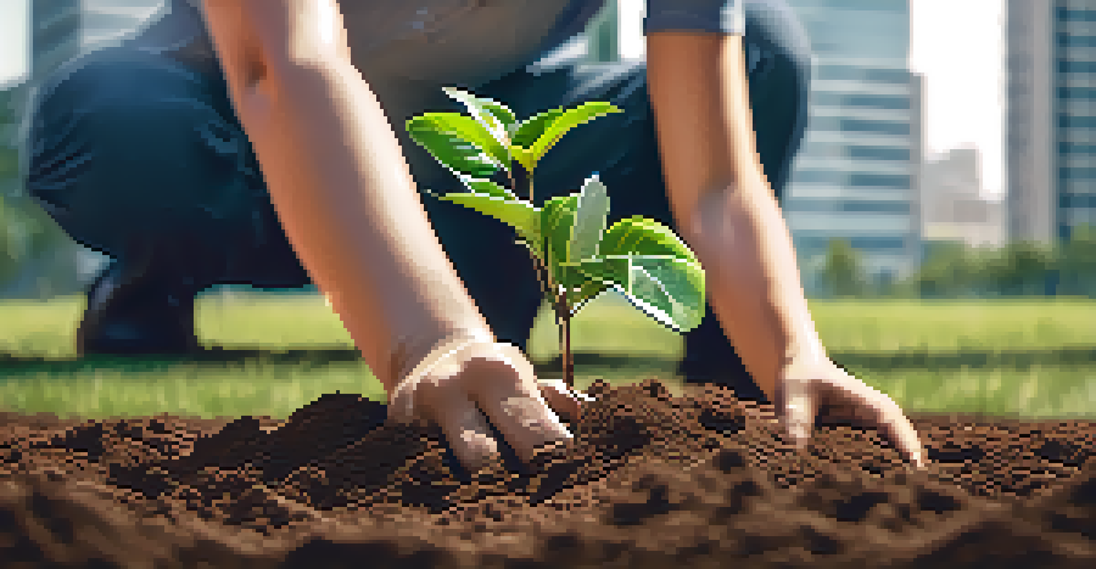 Hands planting a young tree in soil with an office building in the background, representing corporate social responsibility.
