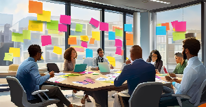 A diverse group of employees collaborating in a bright conference room with laptops and sticky notes.