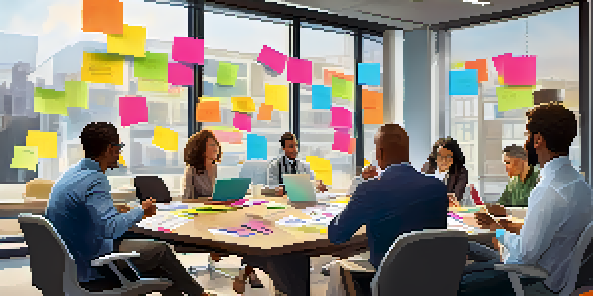 A diverse group of employees collaborating in a bright conference room with laptops and sticky notes.