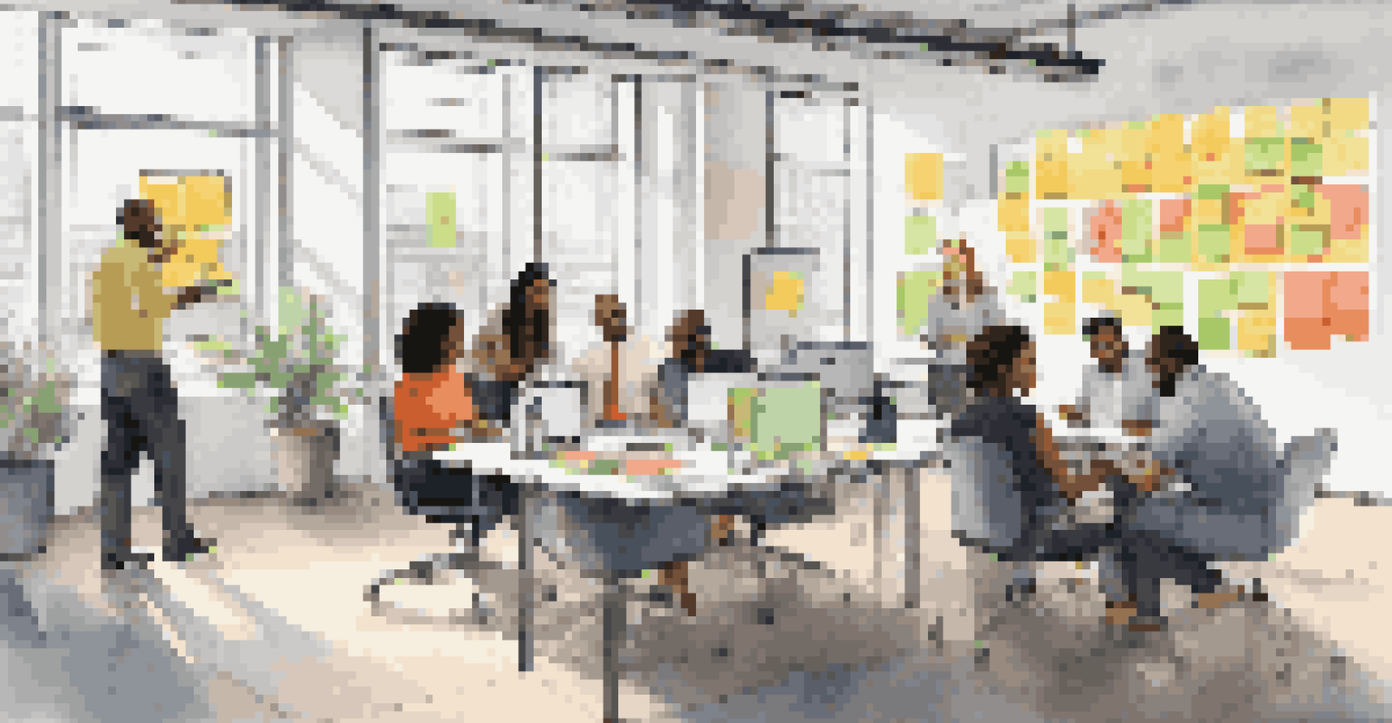 A diverse team of professionals working together in a bright and modern office space, collaborating on a project with laptops and colorful notes.