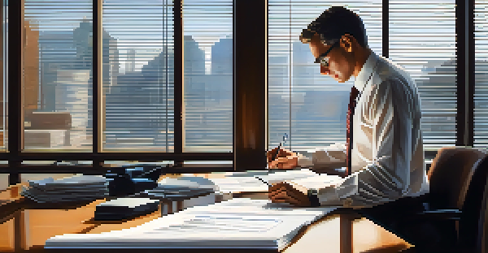 A business analyst examining financial documents with a magnifying glass in a modern office setting.