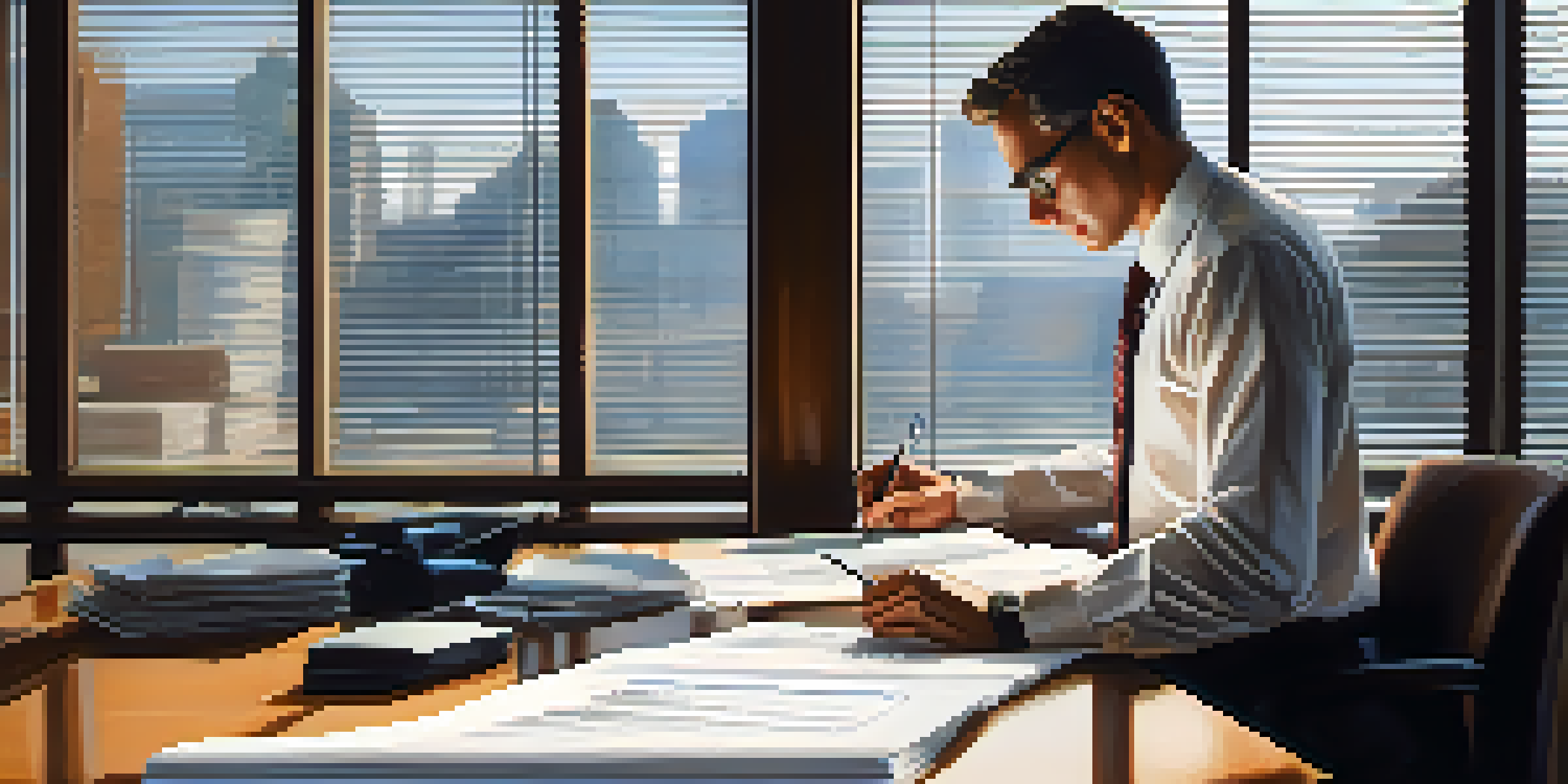 A business analyst examining financial documents with a magnifying glass in a modern office setting.