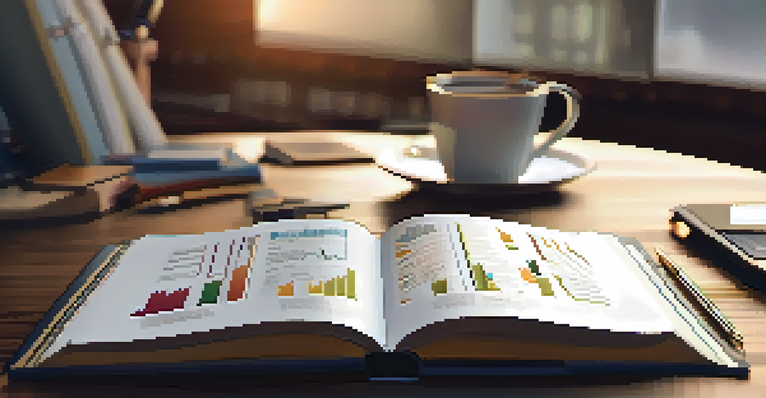 A wooden desk with an open book showing a traditional business plan, laptop, coffee cup, and notepad in a well-lit workspace.