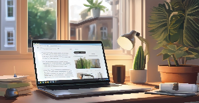 A close-up view of a workspace with a laptop, notes, and a pen, set in a cozy room filled with plants and warm lighting.