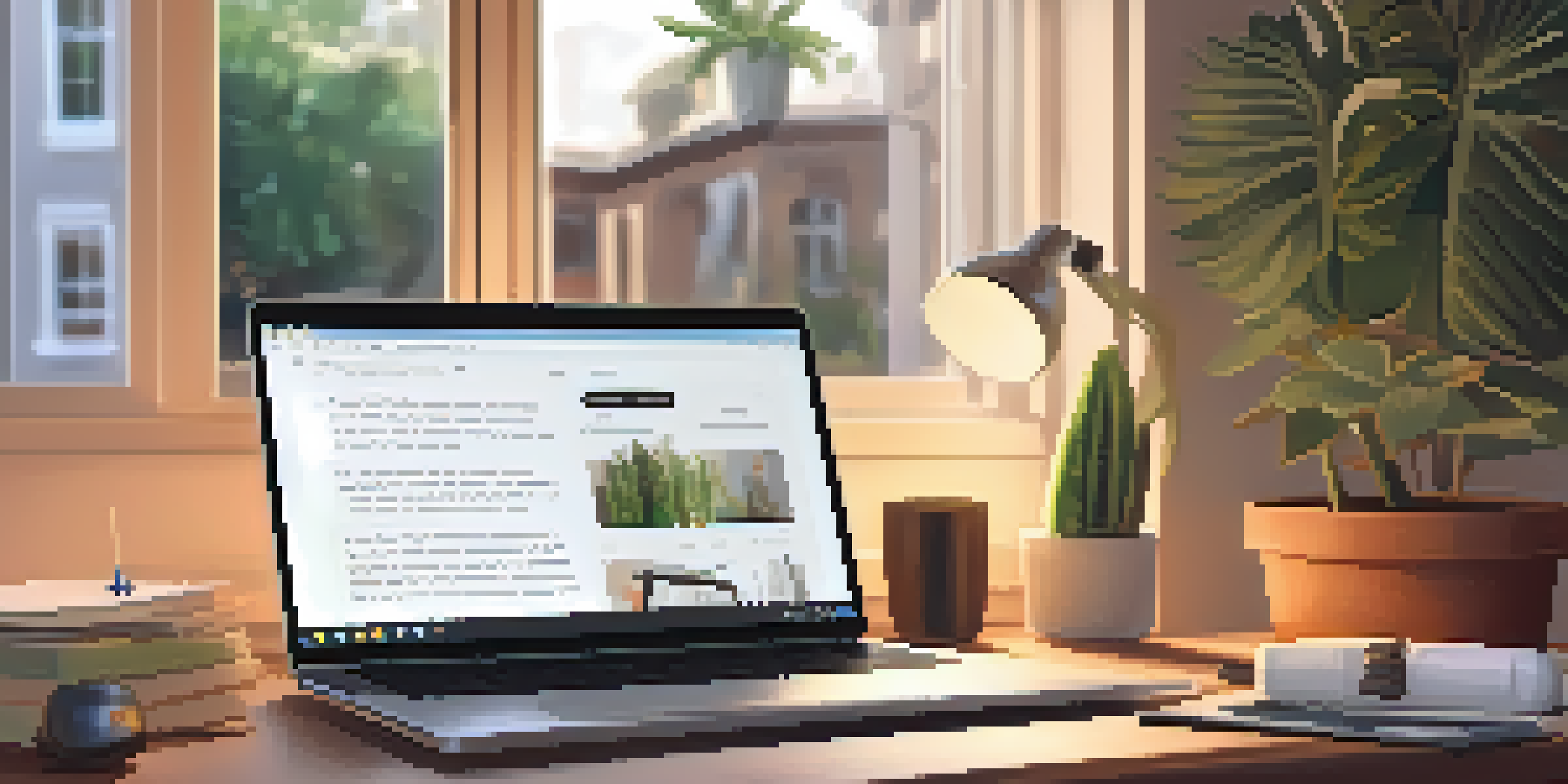 A close-up view of a workspace with a laptop, notes, and a pen, set in a cozy room filled with plants and warm lighting.