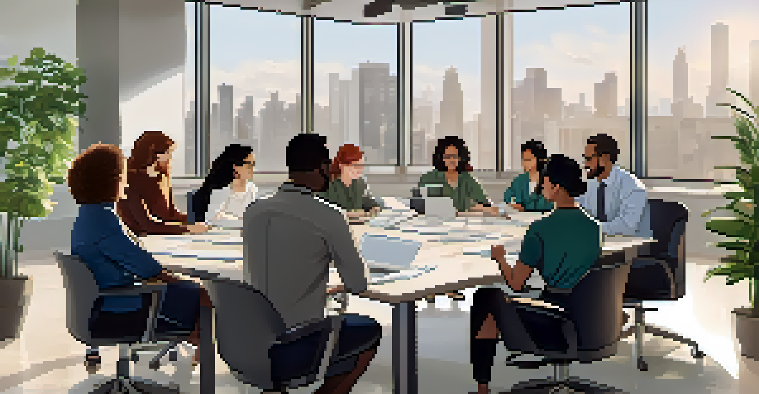 A diverse team of professionals collaborating in a bright office space with large windows and plants.