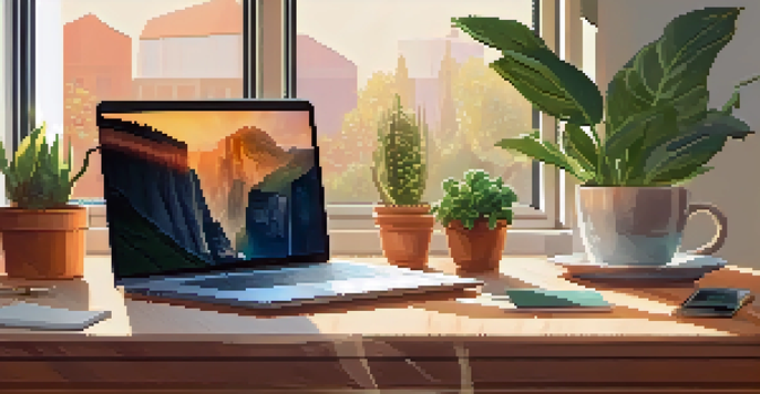 A cozy home office with a wooden desk, a laptop, houseplants, and a sunny window in the background.