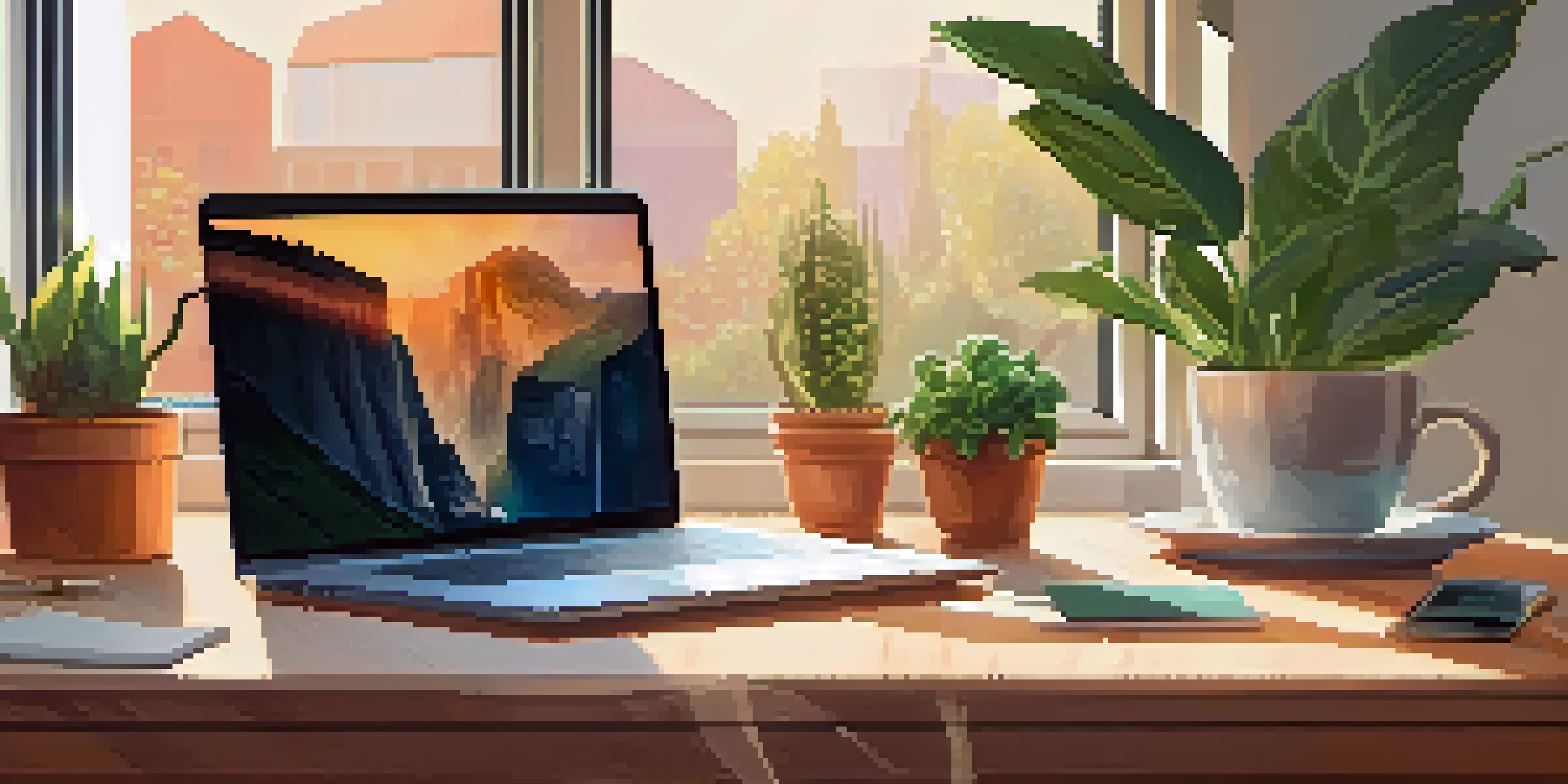 A cozy home office with a wooden desk, a laptop, houseplants, and a sunny window in the background.