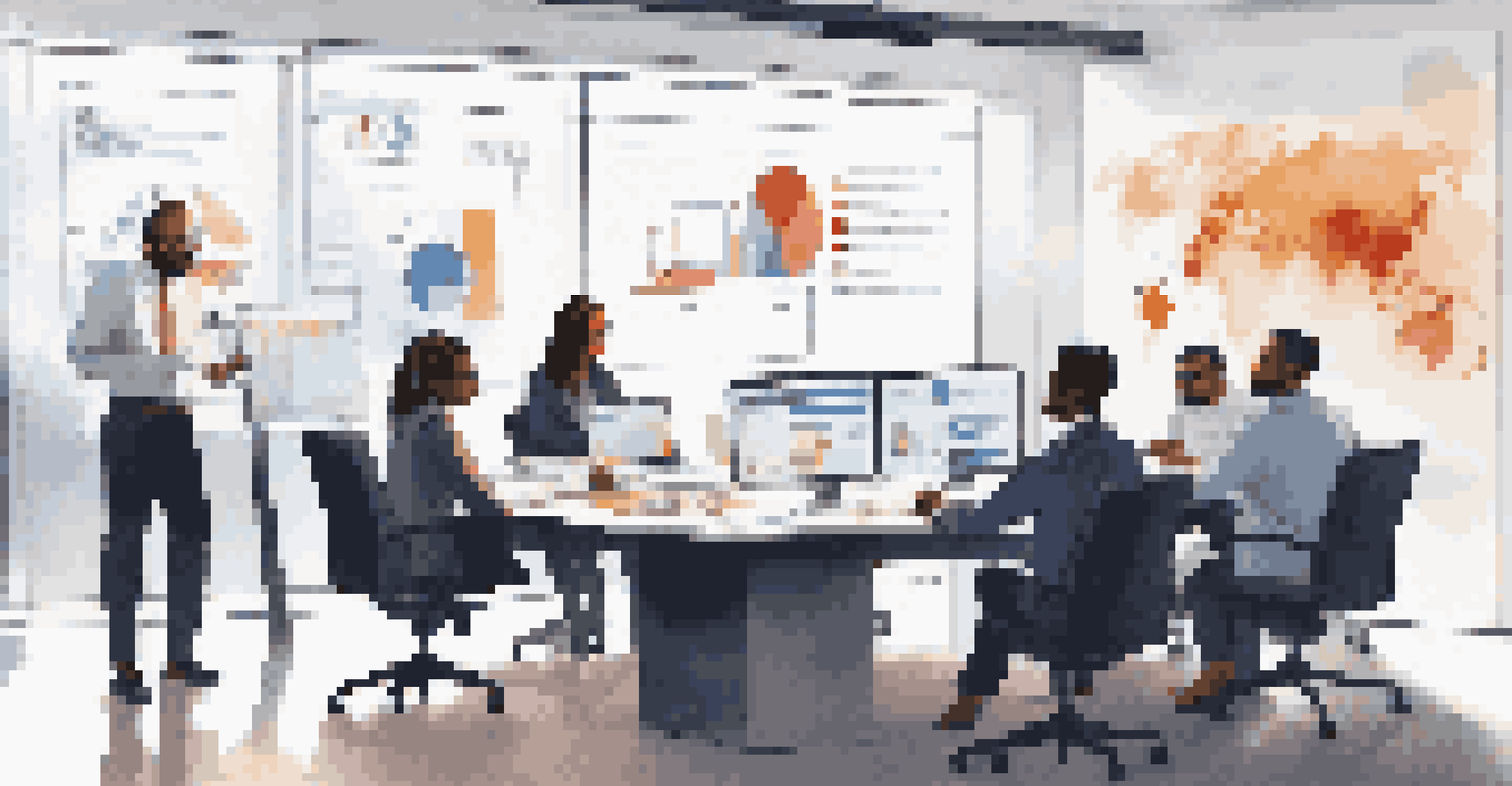 A diverse team of professionals discussing a data dashboard on a large screen in a well-lit conference room.