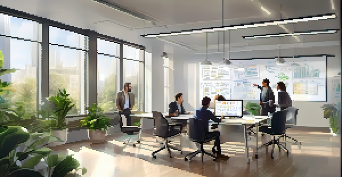 A diverse team brainstorming in a bright office with a whiteboard and plants, representing teamwork and lead nurturing.