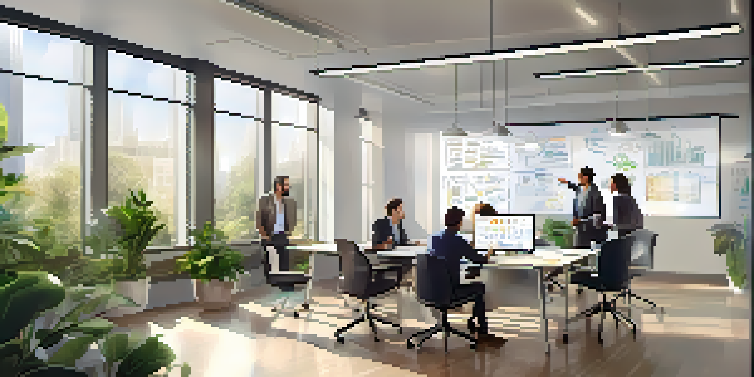 A diverse team brainstorming in a bright office with a whiteboard and plants, representing teamwork and lead nurturing.