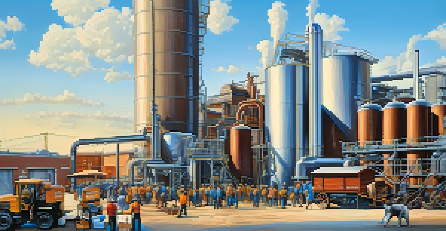 An industrial scene showing a brewery and a bakery collaborating, with spent grains being transported. Workers are interacting in a lively atmosphere.