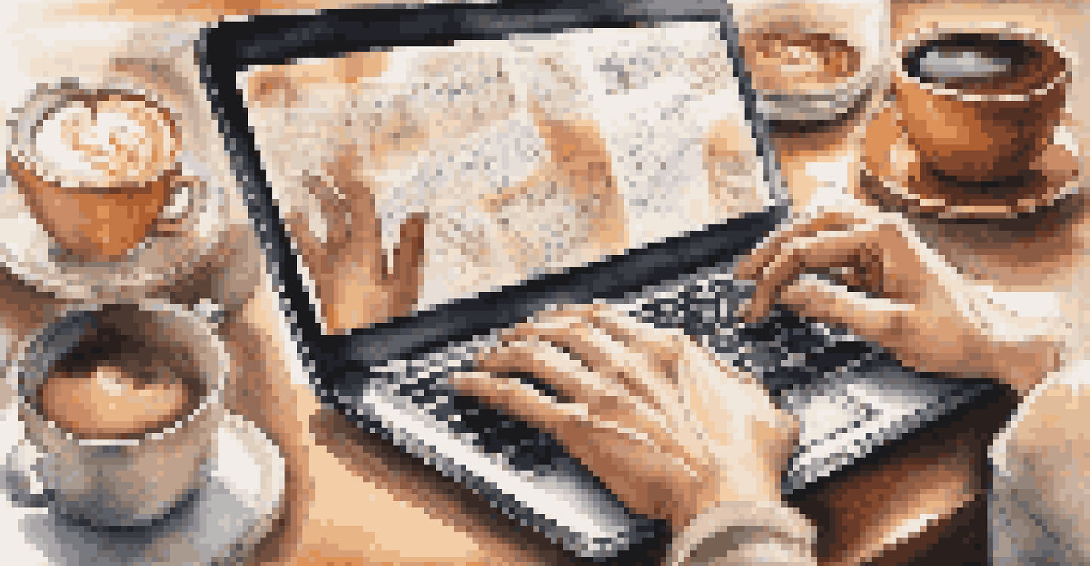 Close-up of hands on a laptop keyboard with notes and a smartphone, set against a blurred coffee shop background.