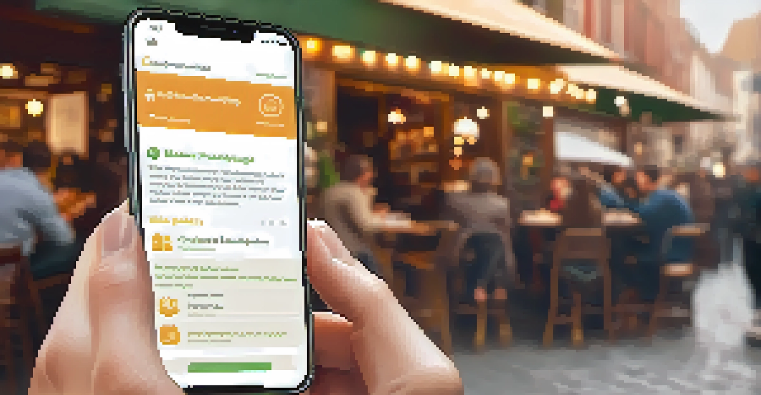 A close-up of a hand holding a smartphone showing a crowdfunding campaign page, with a cozy café setting in the background.