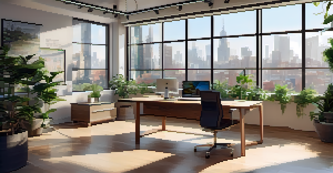 A modern office interior with a view of a cityscape, featuring a wooden desk, an open laptop with charts, and plants.