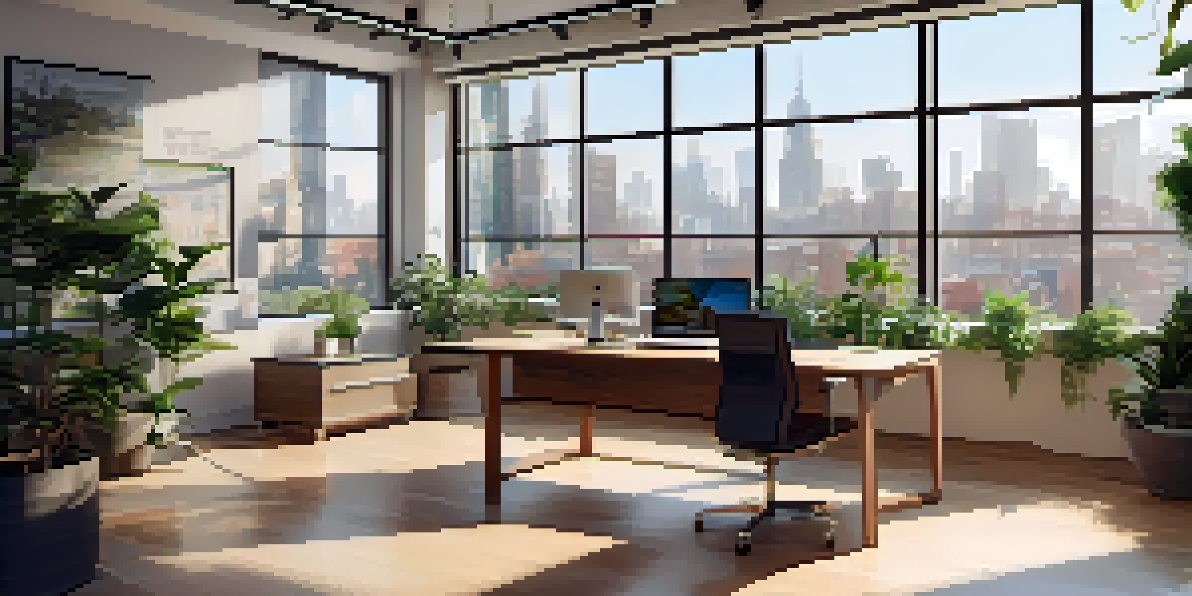 A modern office interior with a view of a cityscape, featuring a wooden desk, an open laptop with charts, and plants.