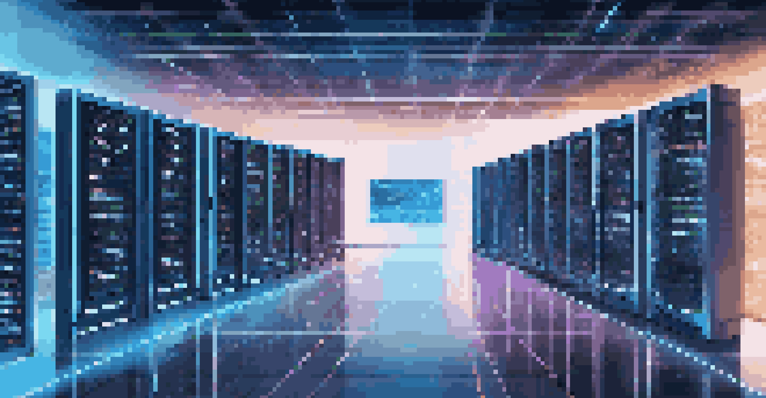 A futuristic data center with illuminated servers and a data analyst monitoring screens displaying analytics.
