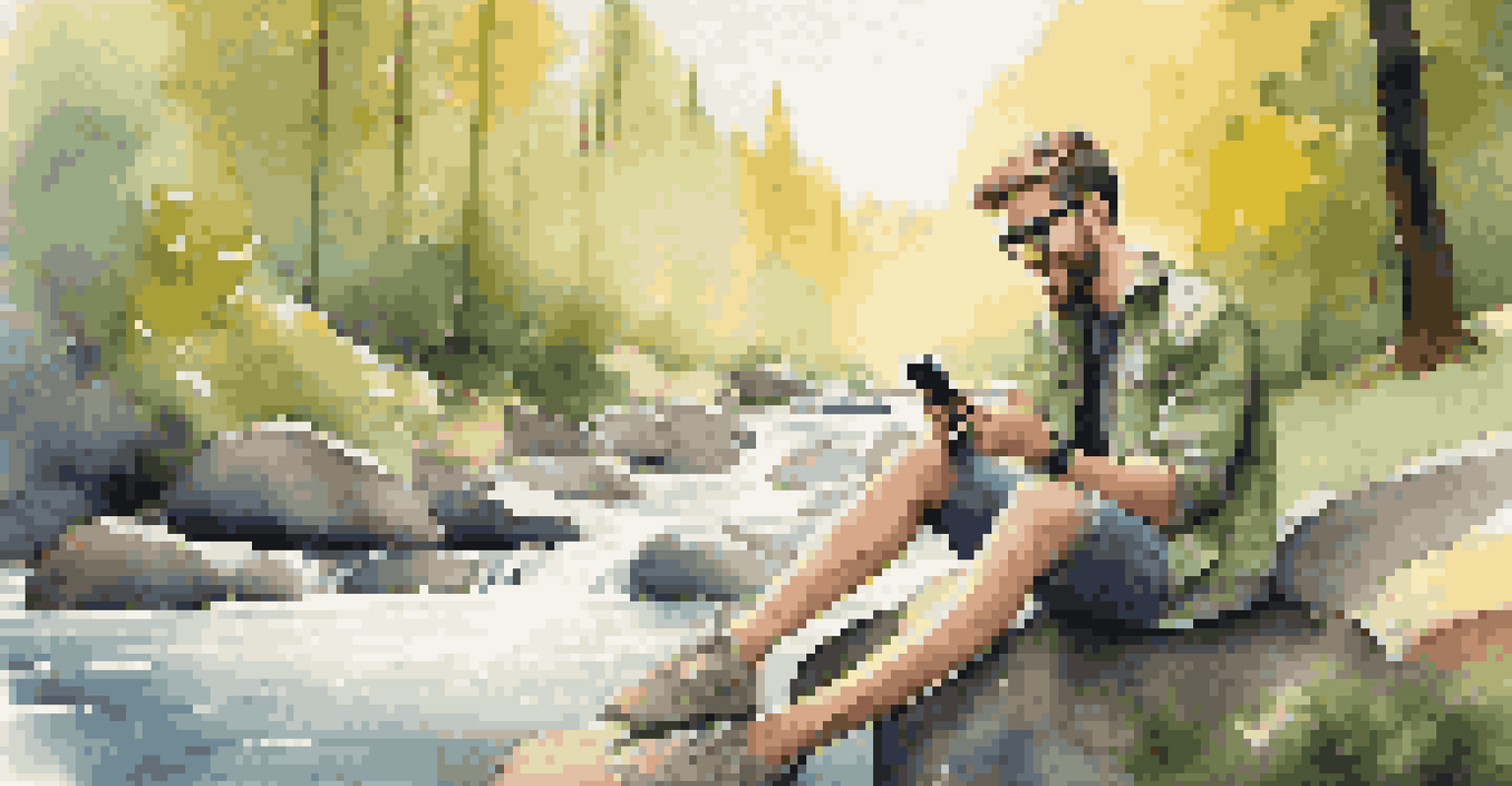 An influencer taking photos outdoors near a stream, surrounded by lush greenery.