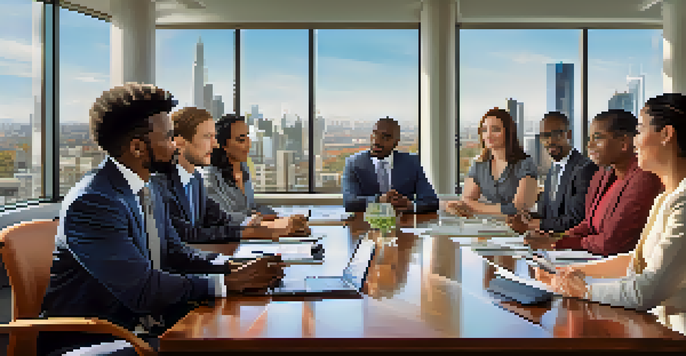 A diverse group of professionals discussing around a conference table, showcasing various cultures and modern attire in a well-lit room.