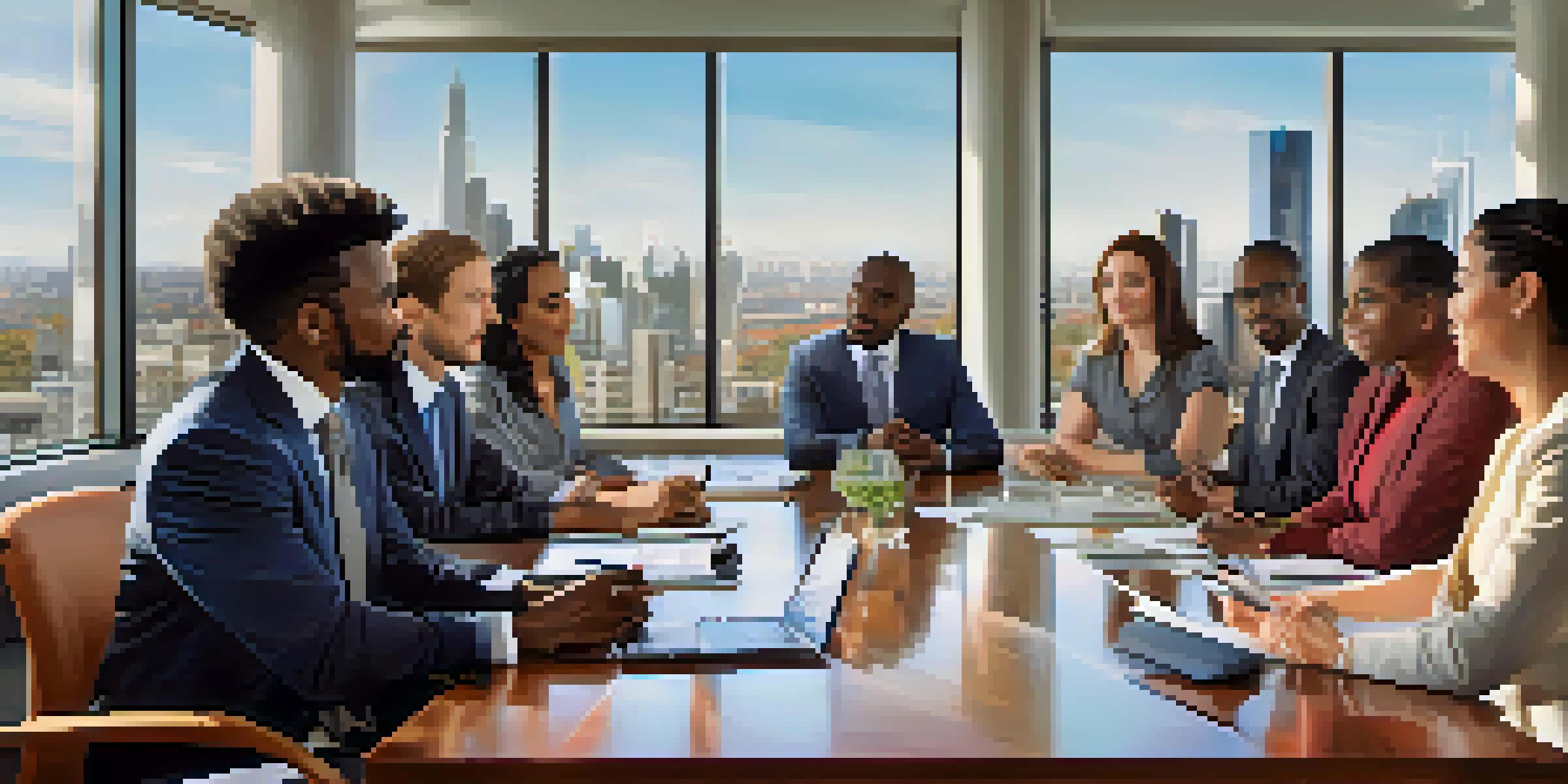 A diverse group of professionals discussing around a conference table, showcasing various cultures and modern attire in a well-lit room.