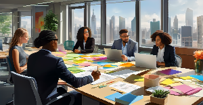 A diverse group of professionals working together in a modern office, brainstorming ideas with colorful post-it notes.
