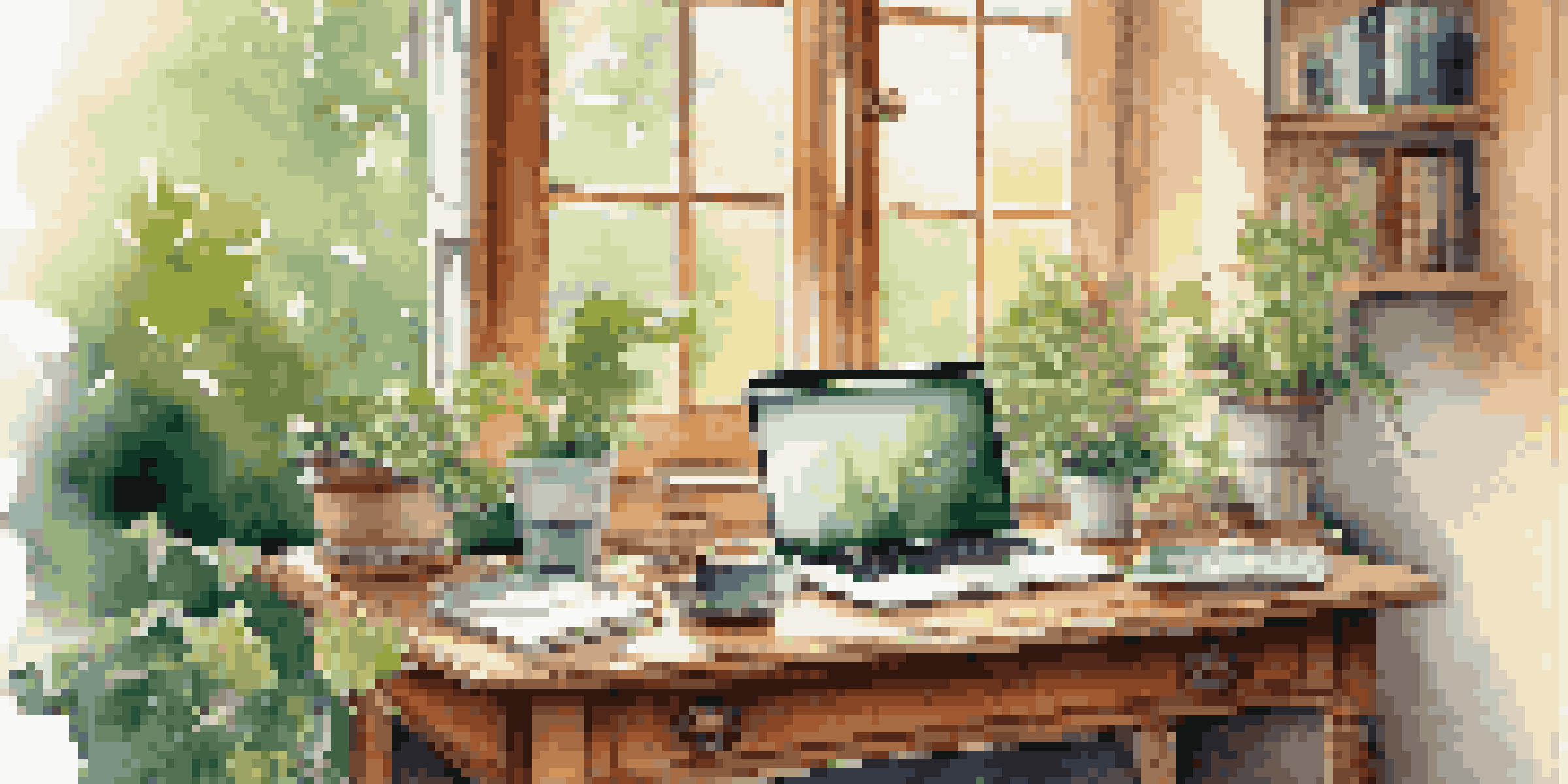 A home office with a wooden desk, laptop, notebooks, and a coffee cup, illuminated by soft sunlight coming through a window with a garden view.