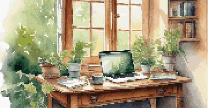 A home office with a wooden desk, laptop, notebooks, and a coffee cup, illuminated by soft sunlight coming through a window with a garden view.