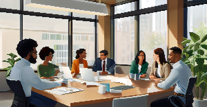 A diverse group of professionals having a discussion in a bright, modern office with plants.