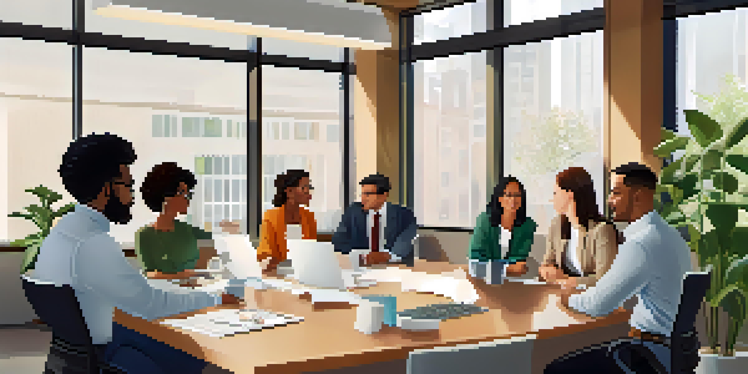 A diverse group of professionals having a discussion in a bright, modern office with plants.