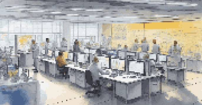 A diverse group of scientists and engineers working together in a modern research and development lab, surrounded by advanced technology and brainstorming materials.