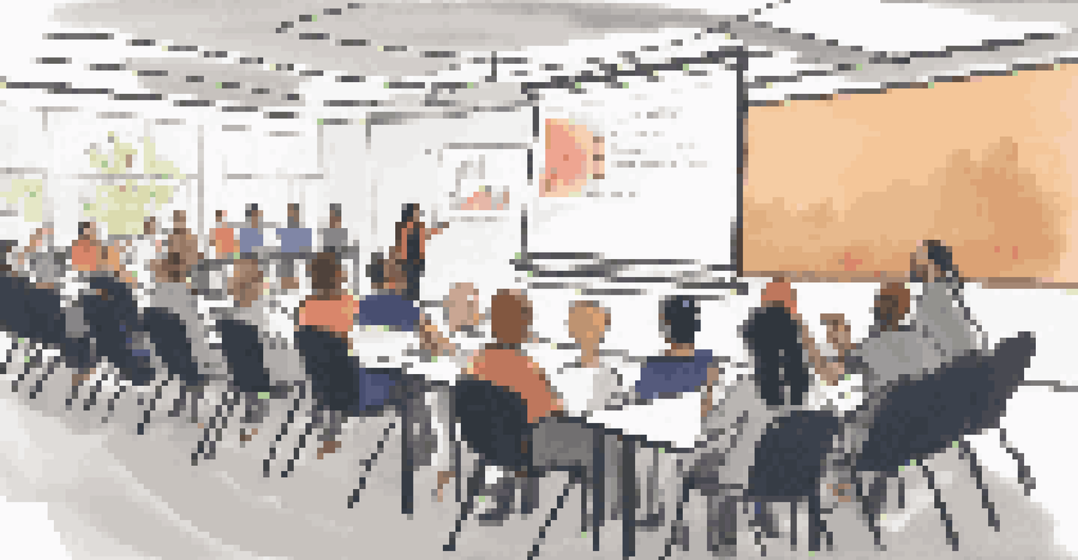 Employees participating in a training session on crisis management protocols, with a projector screen displaying information in a well-lit room.