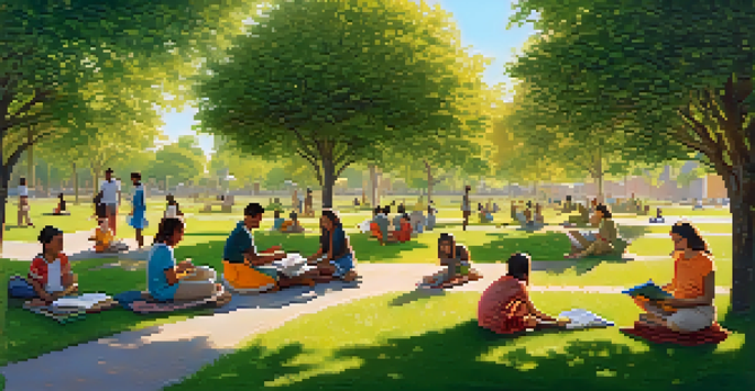 A vibrant park scene with people planting trees and helping children, illuminated by a warm sunset.