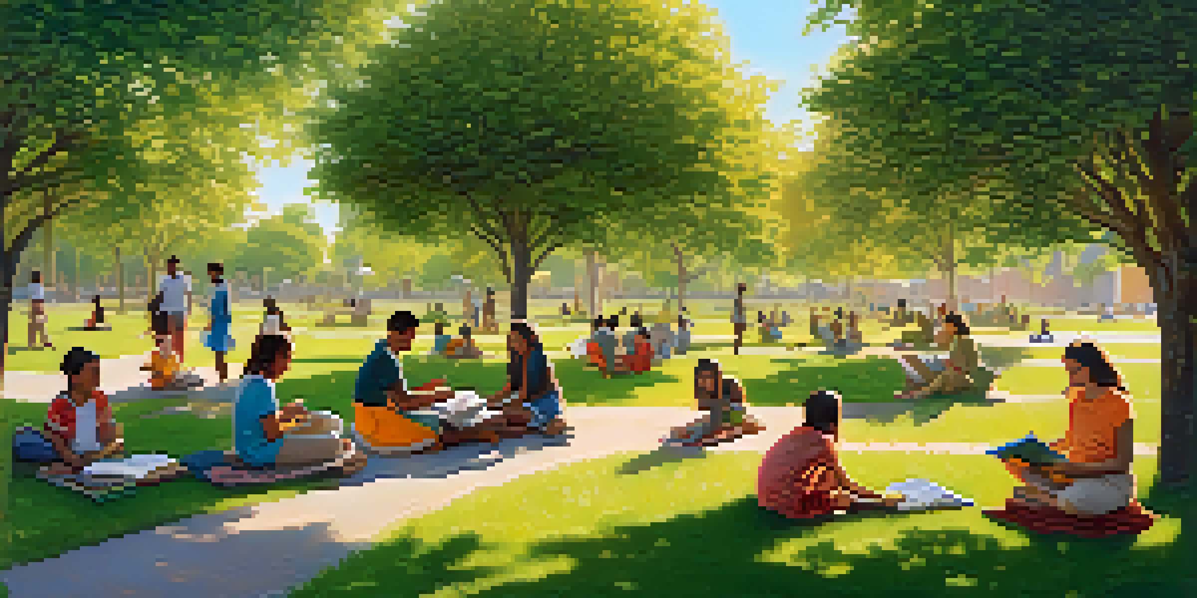 A vibrant park scene with people planting trees and helping children, illuminated by a warm sunset.