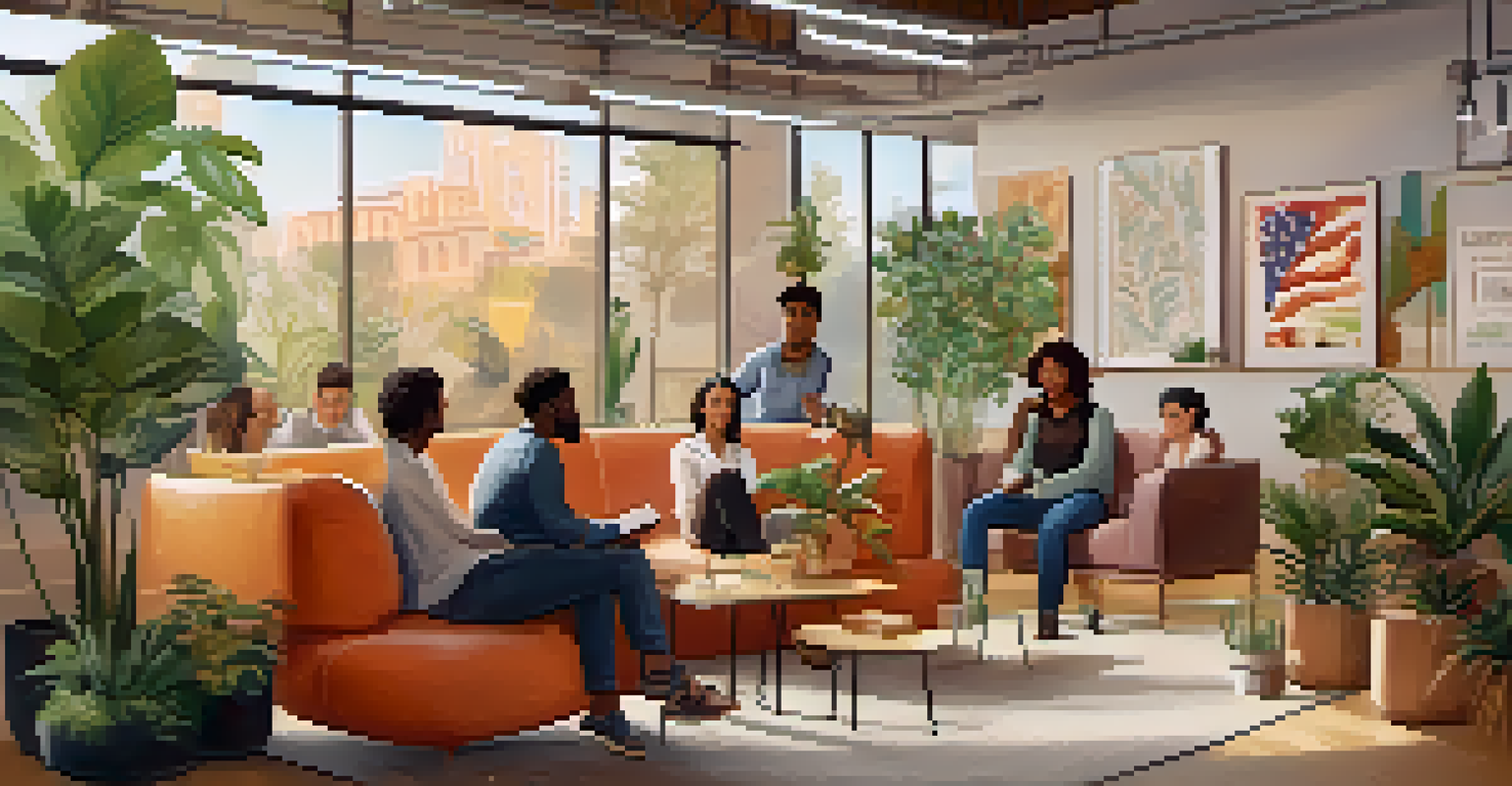 An inclusive workplace with employees from different cultures engaging in discussion in a cozy lounge area.
