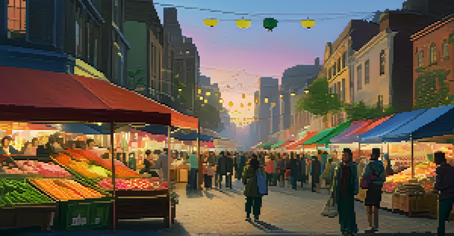 A lively street market at twilight filled with colorful stalls and people shopping.