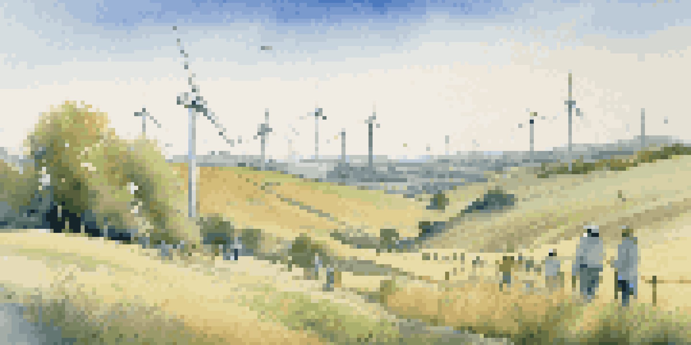 A landscape with hills and wind turbines, featuring a diverse group of people planting trees under a blue sky.