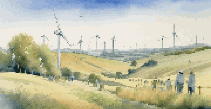 A landscape with hills and wind turbines, featuring a diverse group of people planting trees under a blue sky.