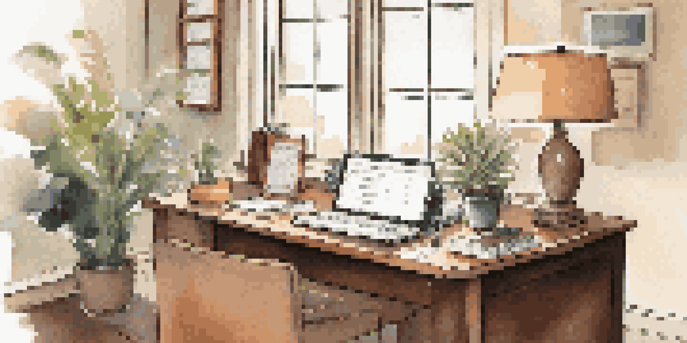 A well-organized office desk featuring a laptop, notepad with goals, coffee cup, and a plant, illuminated by natural light.