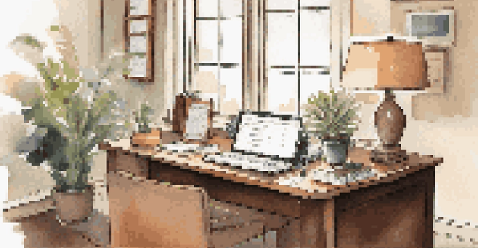 A well-organized office desk featuring a laptop, notepad with goals, coffee cup, and a plant, illuminated by natural light.