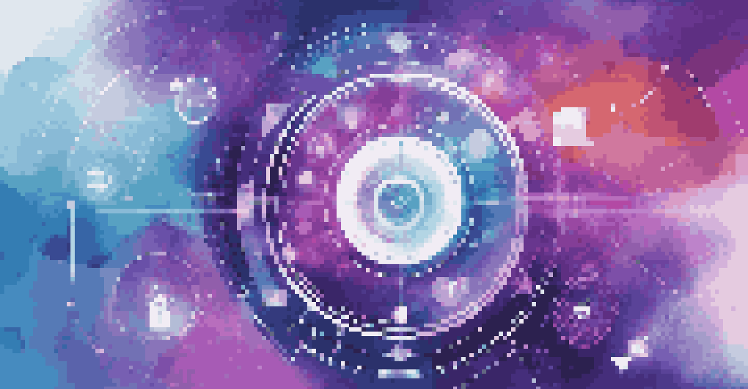 An abstract illustration of digital transformation with geometric shapes and digital icons in a vibrant color palette.