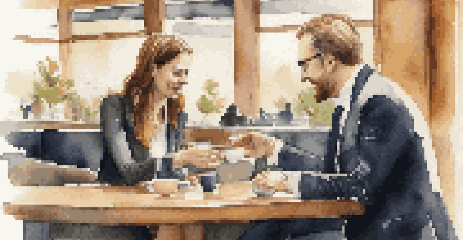 Two professionals chatting over coffee in a modern café, exchanging business cards.