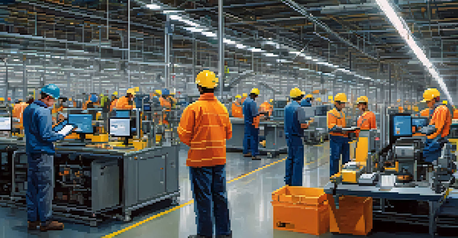 A bustling manufacturing floor with workers in safety gear optimizing supply chain processes, surrounded by machines and bright lights.