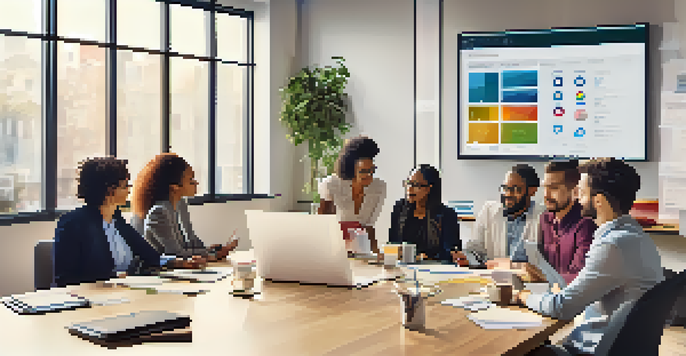 A diverse group of professionals in a meeting discussing CRM software, with laptops and a large screen displaying metrics.